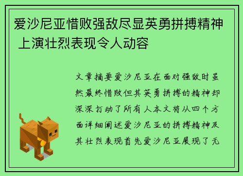 爱沙尼亚惜败强敌尽显英勇拼搏精神 上演壮烈表现令人动容